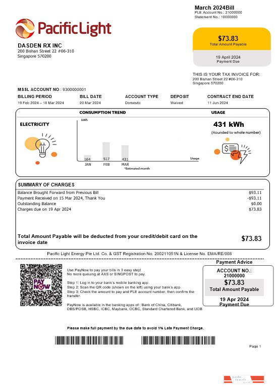 Singapore Pacific Light electricity business utility bill template in Word and PDF formats